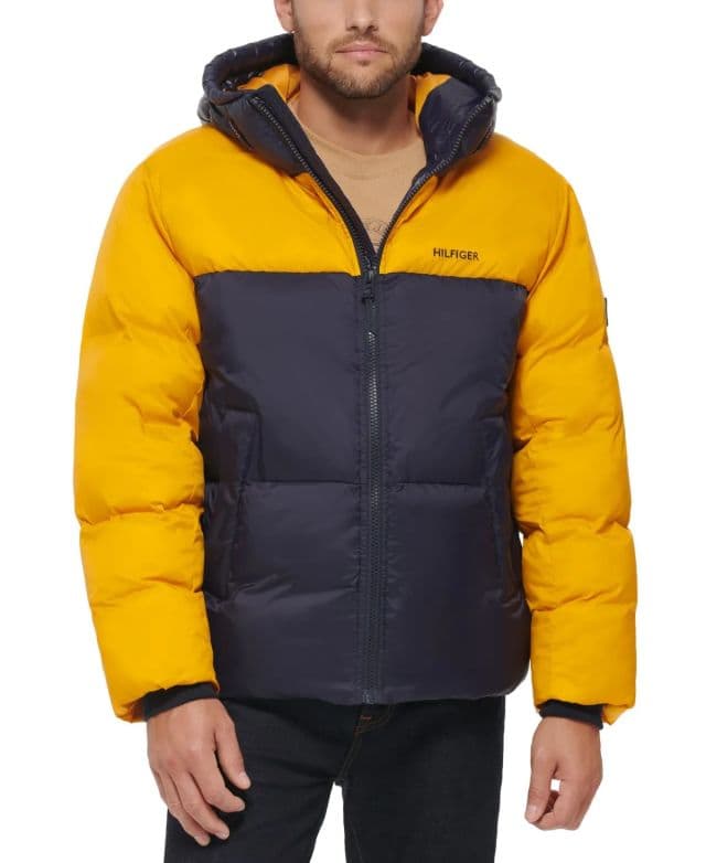 Tommy Hilfiger - Erkek Renk Bloklu Kapüşonlu Şişme Mont - Yellow Combo 2XL