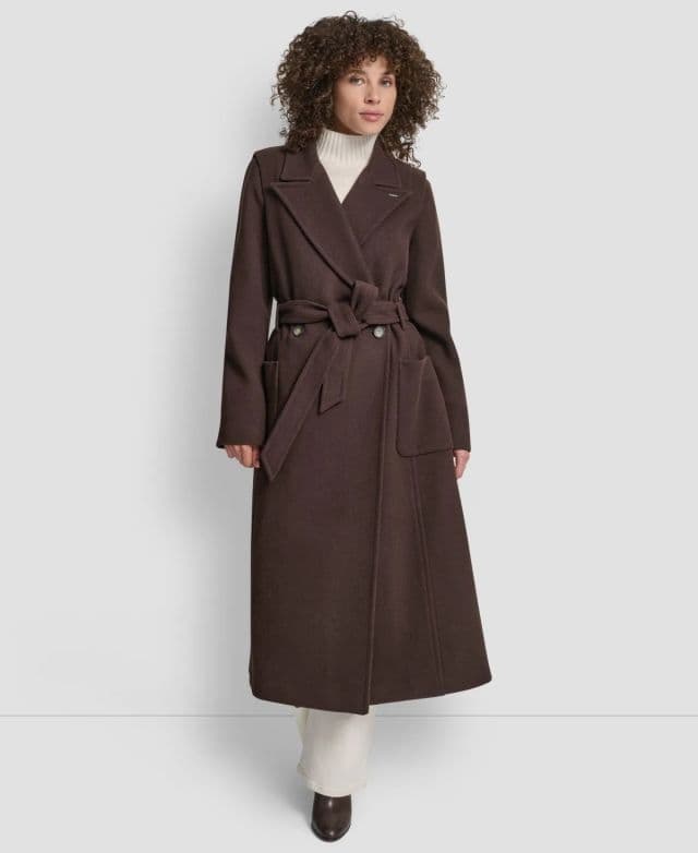 DKNY Kadın Çentik Yaka Kemerli Sarma Kaban - Koyu Kahverengi 2XS