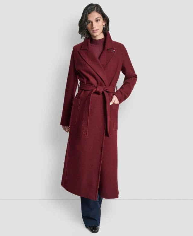 DKNY Kadın Çentik Yaka Kemerli Sarma Kaban - Bordo 2XS